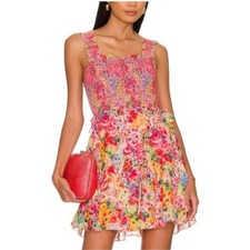 ALICE + OLIVIA Jocelyn Smocked Floral Mini Dress Cotton Silk Pink 2 Garden Party