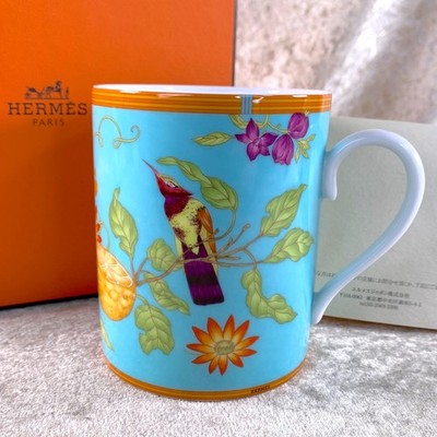 Vintage Hermes Paris Mug Cup Siesta Island Blue Porcelain Tableware with Case