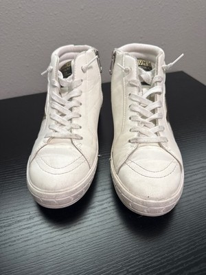 Vintage Hudson White Leather High Top Sneakers with Green Stripe and Star Accent