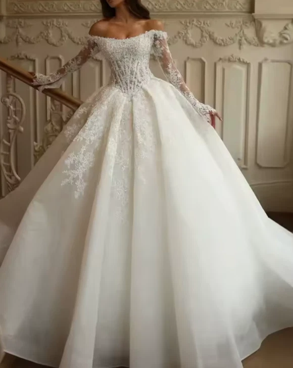 ebay wedding dresses Elegant Long Sleeve Lace Applique A Line Sweep Train Bridal Gown Champagne Wedding Dresses Strapless 3D