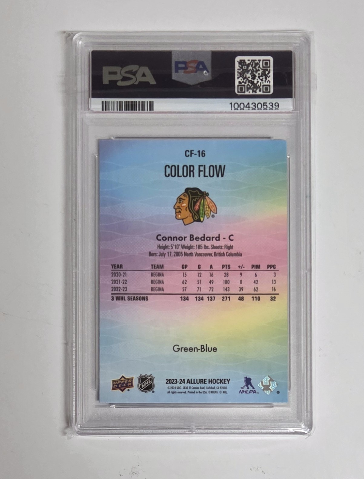2023-24 ALLURE GEM PSA 10 CONNOR BEDARD GREEN BLUE COLOR FLOW CF-16 RC view 2