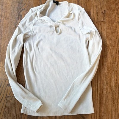 Massimo Dutti Solid White Keyhole Neck Tie Rib Knit Cotton Top Women's M L/S
