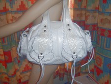 Vtg Pietro Alessandro White Leather Bowler Embossed Python Shoulder Bag 6 Pocket