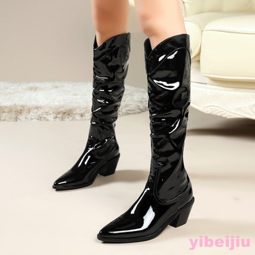 Western Boots Women's Mid Kitten Heels Pointed Toe Shoes Knee High Calf Fashion - Picture 2 of 13