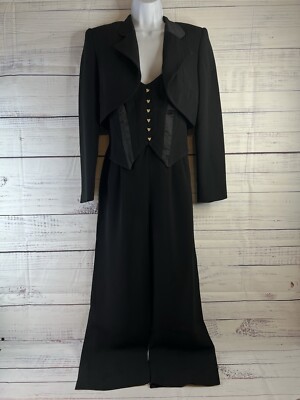 Vtg Alberto Makali Black JumpSuit W Gold Accents W Crop Jacket Y2k 90s Career