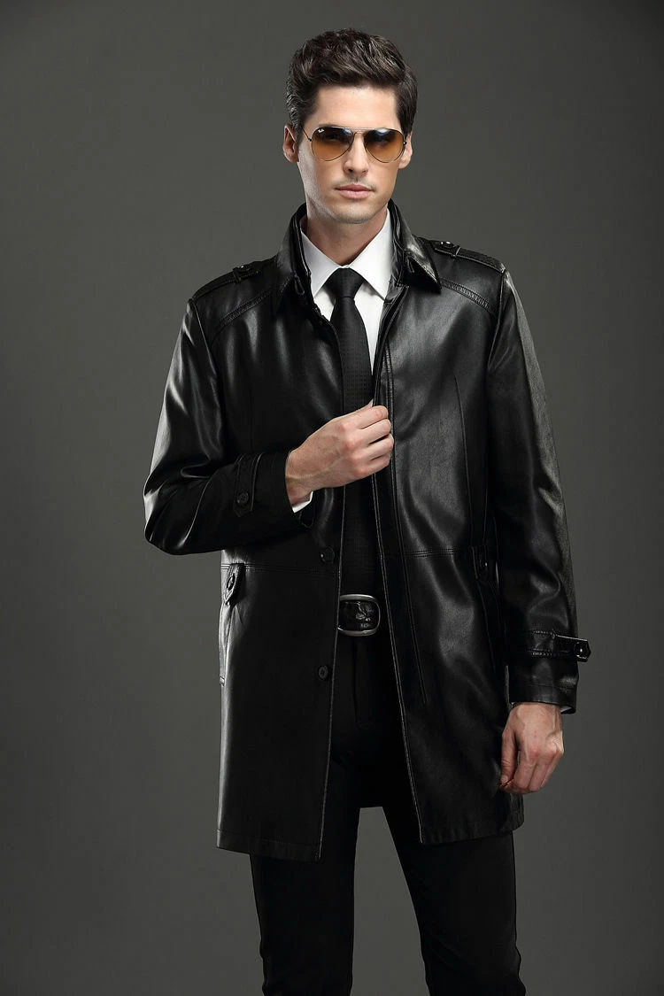 Classic Men's Black Leather genuine lambskin Trench Knee Lenght Coat Jacket