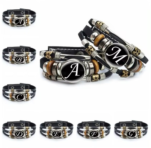 Leather Bracelet Letter T Alphabet Cabochon Adjustable Snap Bracelet Men Women - Picture 3 of 5