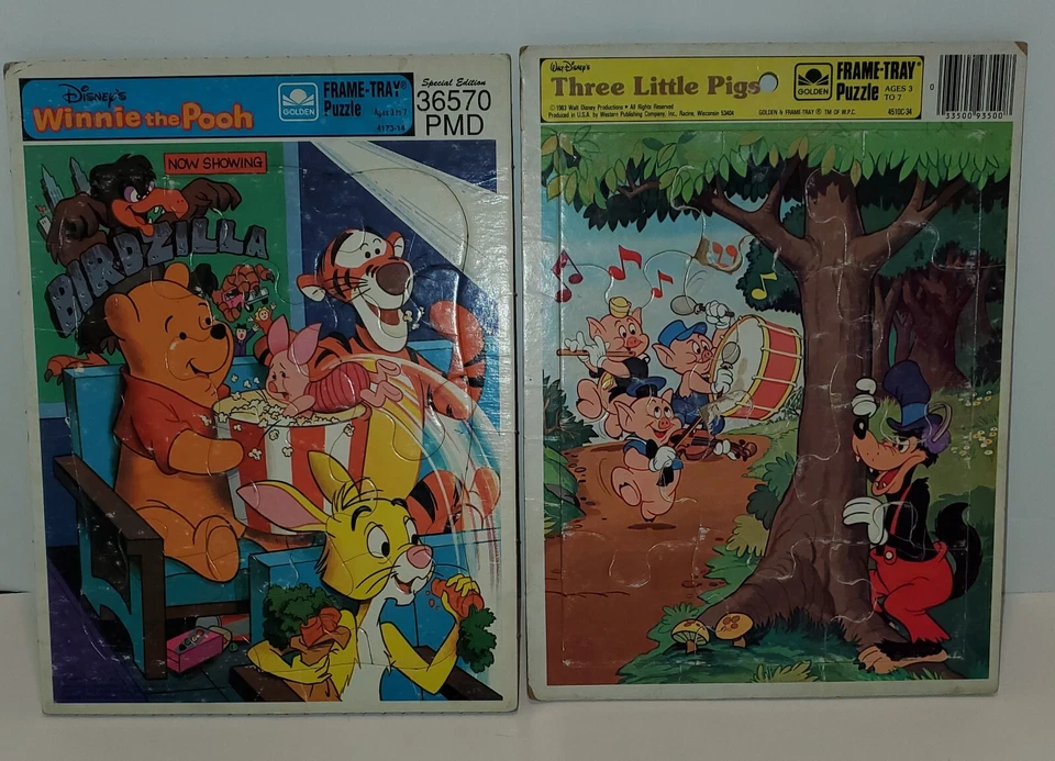 Juego de 2 rompecabezas bandeja marco dorado Disney vintage años 80 Pooh y 3 cerditos Foto 3 de 4
