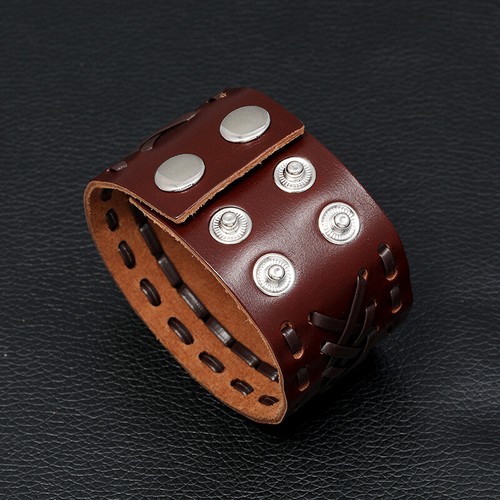 Punk Rock Wide Brown Leather Men's Cuff Bangle Bracelet Adjustable Wristband - Picture 6 of 14