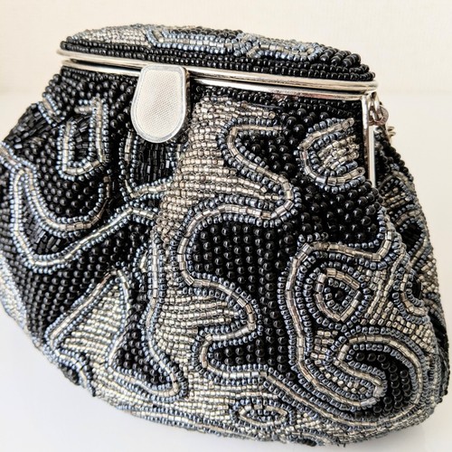 Japanese Vintage Beaded Evening Shoulder Bag Abstract Pattern Blk/Silver 7x4 in - Picture 10 of 21