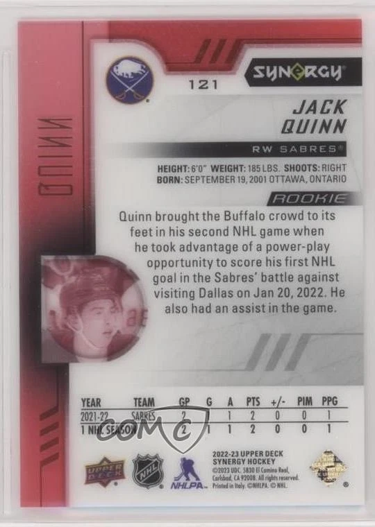 2022-23 Upper Deck Synergy Rookies Red Tier 2 Rookies Jack Quinn #121 Rookie RC - Image 2 of 2