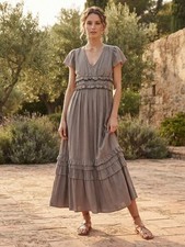 Grade & Gather Maxi Dress M Tiered Satin Taupe Ruffle Flutter Short Sleeve Boho