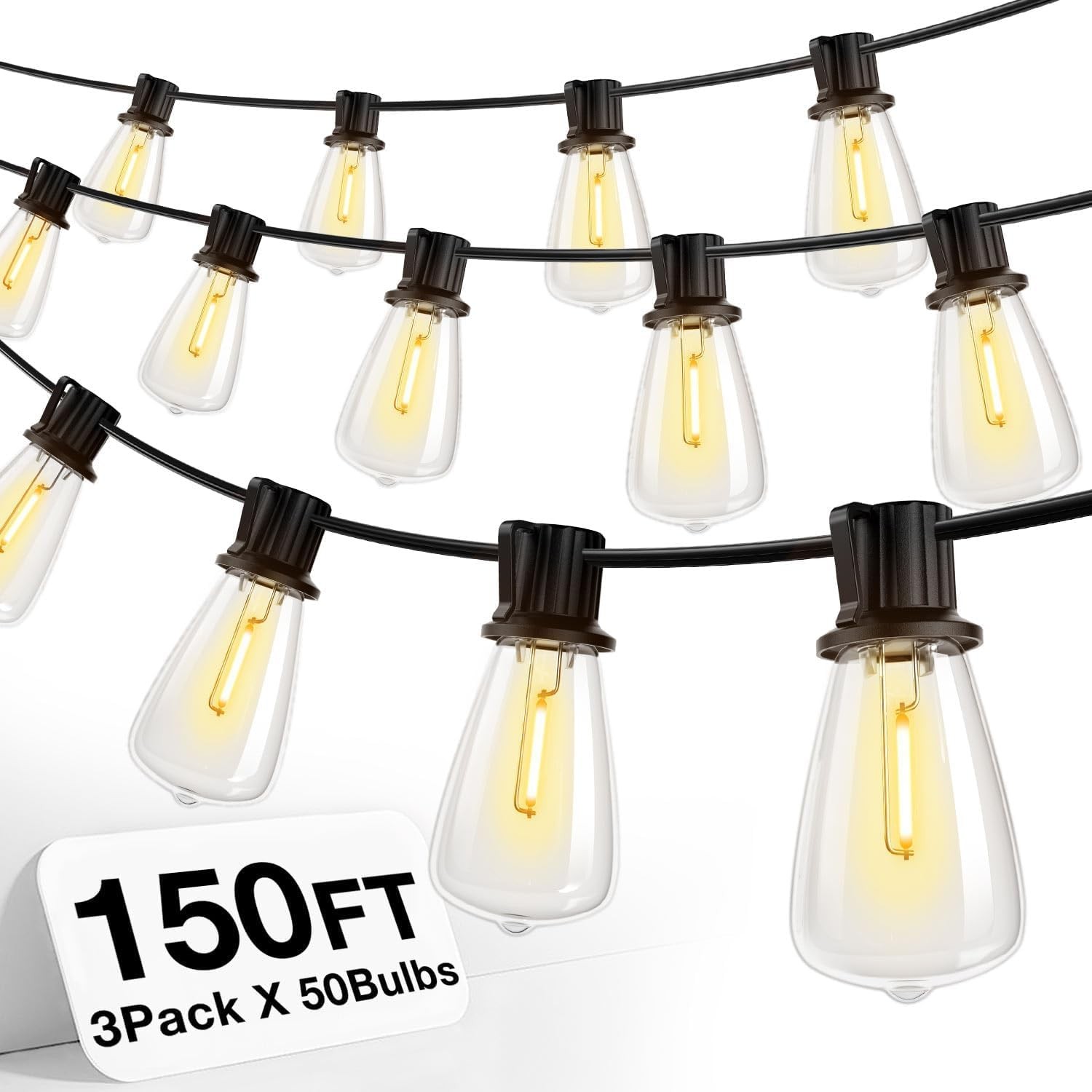 addlon 150 FT (3x50FT) Outdoor String Lights,Waterproof Patio 150FT, Black