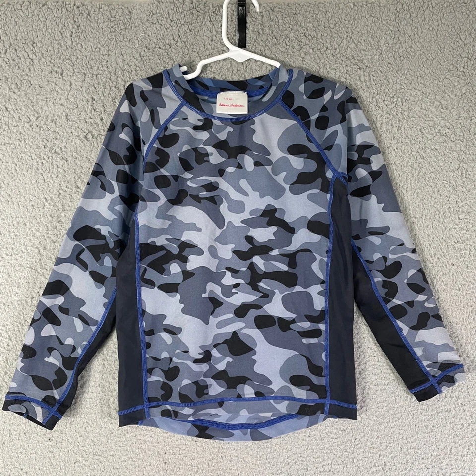 Conjunto de natação Hanna Andersson masculino tamanho 5 protetor contra erupções cutâneas camuflado top shorts listrado - Imagem 2 de 4