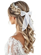 Bridal Hair Bow Clip Veil Short Satin Edge Bow Clip Pearl Bowkont Headwear We...