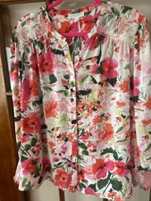 Cynthia Rowley Long Sleeve Floral Blouse Size 1X  Smocking Detail 100% Poly NWT