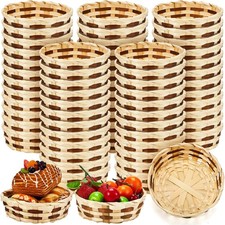 Pack of 60 small woven round bamboo gift baskets, measuring 6.5 x 2 inches.