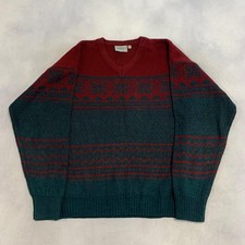 Vintage Knitted Jumper Abstract Patterned V-Neck Grandad Knit Sweater Men's L