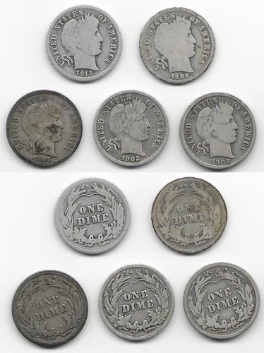 5 different Barber dimes 10 cents 10c VG very good 1902 1906 1907 1913