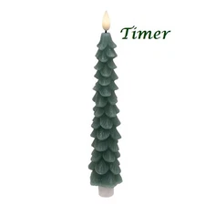 NEW FARMHOUSE CHRISMAS TREE TIMER TAPER CANDLE GREEN 9.75"Hx1.5" LED Flicker LED