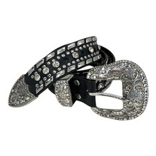 VTG STUDDED RHINESTONE LEATHER BELT GLAM ROCK COUNTRY WESTERN TRUCKER SCENE EMO