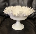 Fenton Silver Crest Milk Glass Compote Pedestal Candy Dish Ruffled Bowl Vintage