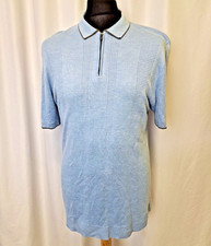 M&S Autograph 1/4 Zip Polo Top Silk Blend Knit Light Blue Men's Medium L3423