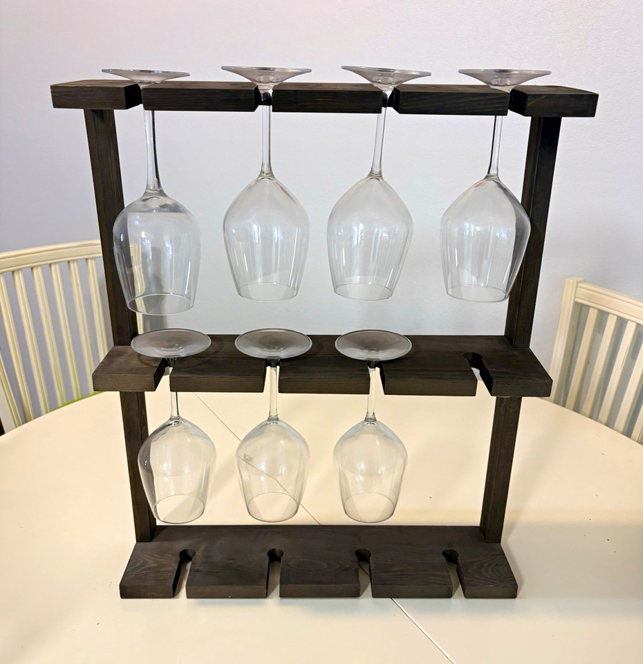 Hanging Modern Dark Brown Wood & Metal Stemware Holder Rack Holds 12 | eBay
