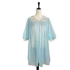 VINTAGE 1960s Van Raalte PEIGNOIR Chiffon Blue Lace Nylon Robe Dainty Medium