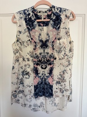 BCBG Max Azria Runway 100% Silk Sleeveless Top Navy Blush Floral Print S