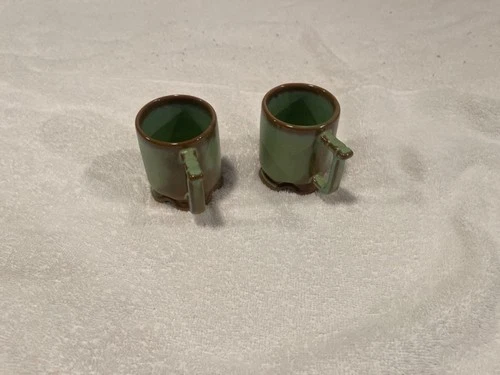 Vintage Frankoma Pottery C1 Prairie Green & Brown Footed Tea Coffee Mug Cup 2