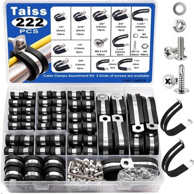 Taiss 222PCS Cable Clamps Assortment Kit 304 Stainless Steel Rubber Cushion P...