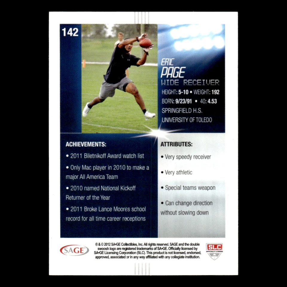 Eric Page #142 2012 SAGE HIT Toledo Rockets Football Card NFL NM - Image 2 of 3