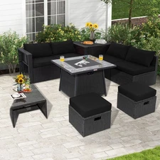9 PCS Outdoor Rattan Sectional Sofa Set with 35" Gas Fire Pit Table Black