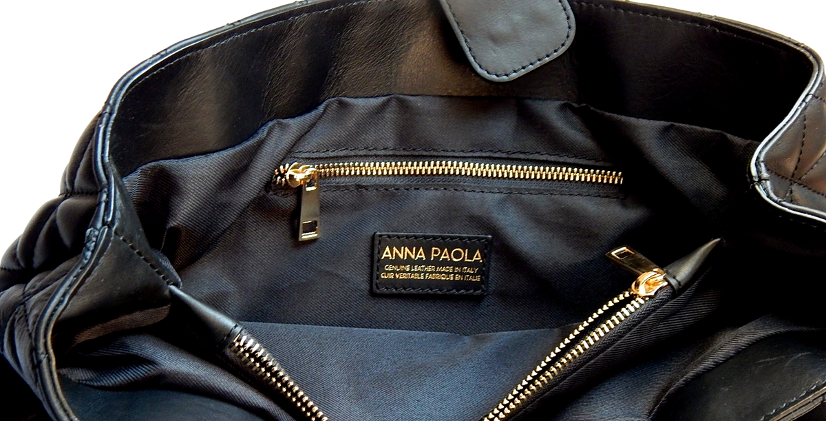 ANNA PAOLA ITALY Black Quilted GENUINE Leather Bag Tote 