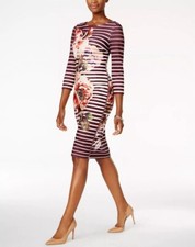 NWT ECI Burgundy Side Zipper Floral Stripe Print Sheath Dress Work Midi Size S 4