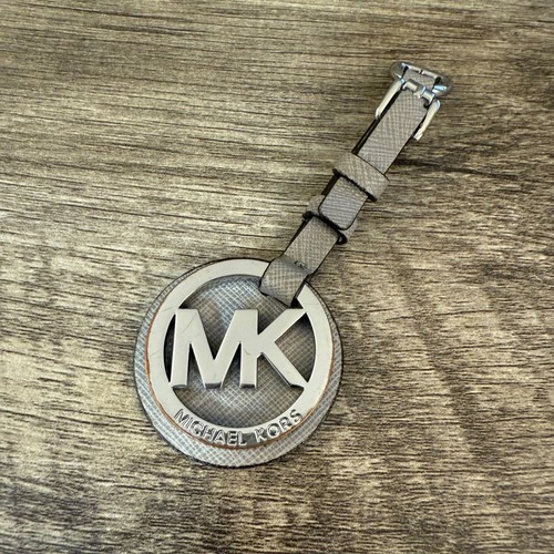 Michael Kors Silver MK Logo Bag Charm Fob Purse Hang Tag Circle Leather Strap