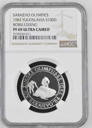 1983 YUGOSLAVIA Silver 100 DINARA Coin, WINTER OLYMPICS Bobsledding - NGC PF69UC