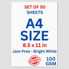 Premium A4 Copy Paper 8.5" x 11" - (100 GSM) - Pack of 50 Sheets