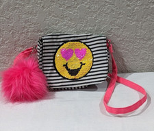 Emojination 2 Emoji Flip Sequins Black White Striped Purse Pink Ball 6" x 7"