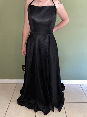 Midnight Black Sparkly Halter Top Ball Gown Prom Dress Tie Back Womens Size  10 | eBay