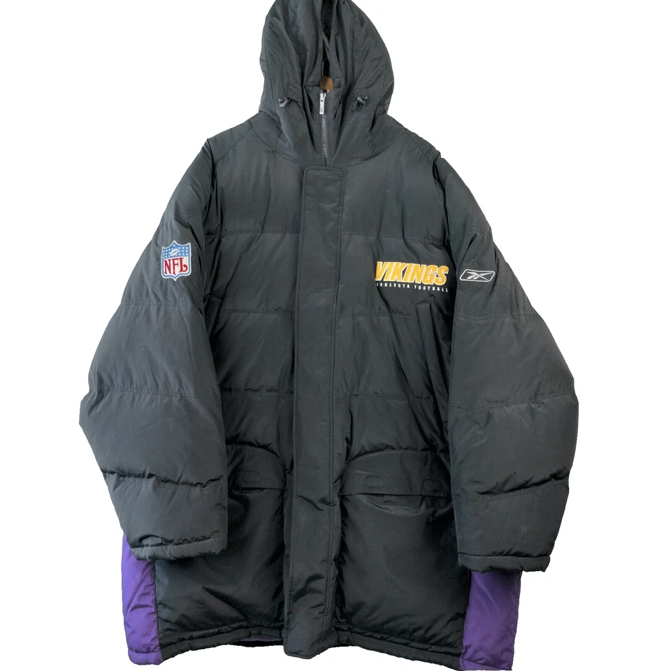 明尼苏达维京人派克外套男式 4XL 锐步黑色连帽野战羽绒外套 — 第 3/4 张图片