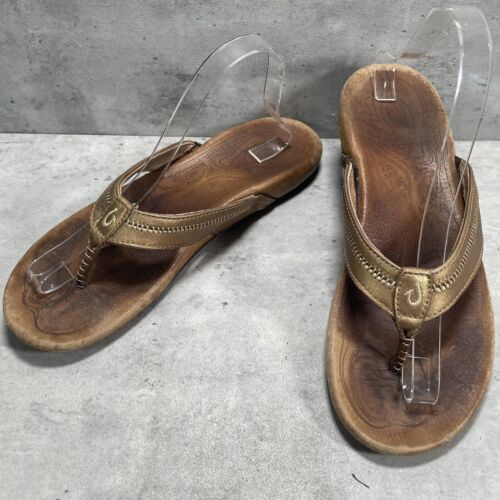 Olukai Haiku Ella Women's Thongs Sandals Size 10 Gold Leather Brown Flipflop