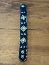 Women's Black Leather Cowhide Rhinestones Bead Chain Trim Cuff Wrap Bracelet