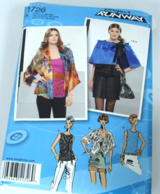 SIMPLICITY # 1726 LADIES KIMONO TOP JACKET CAPELET PURSE PATTERN Sz XS-XXL UNCUT