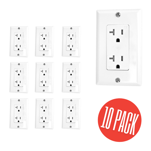 Outlet Decora Duplex Receptacle 20 Amp 125 Volt Tamper Resistant White, 10PACK
