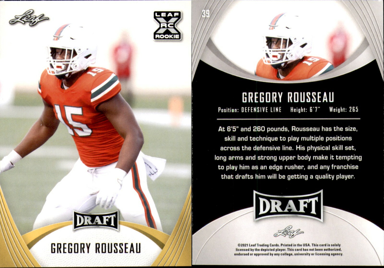 Gregory Rousseau 2021 Leaf Draft Rookie RC XRC #39 Gold Parallel. Buffalo Bills