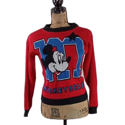 VTG Mickey Mouse Club Sweater Youth 12 14 Red Knit Black Trim Y2K Top Long Sl