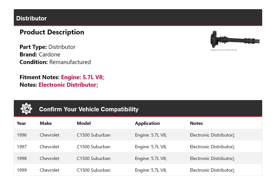 Chevrolet C1500 Suburban 1996-1999 5,7 L V8 distribuidor Cardone 1997 1998 Foto 2 de 4