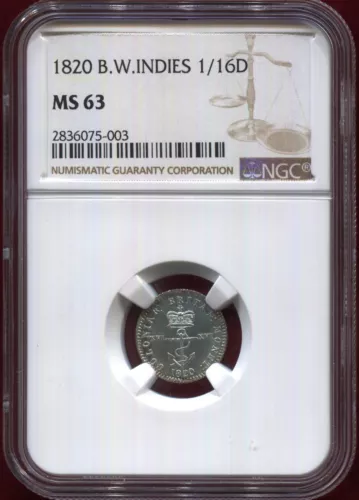 British West Indies - 1820 1/16th Dollar in NGC MS 63
